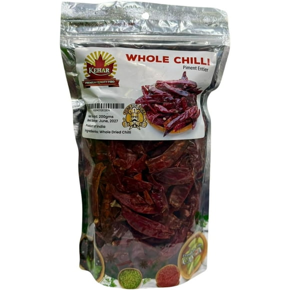 Kehar Piment Rouge Entier Sans Pied 200 g (7 oz) / Piments Rouges Séchés au Riche Arôme et à la Couleur Prononcée / Piment Indien Épicé pour Currys, Marinades, Marinades, Sautés et Assaisonnement