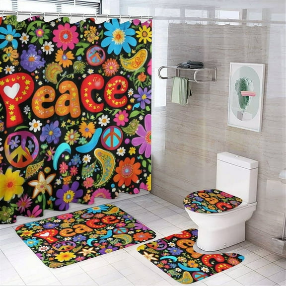 Peace Floral Hippie Pattern Shower Curtain Set Modern Bathroom Decor Mats 4pcs Fabric Bathroom Curtain Slip Floor Rug Toilet Lid