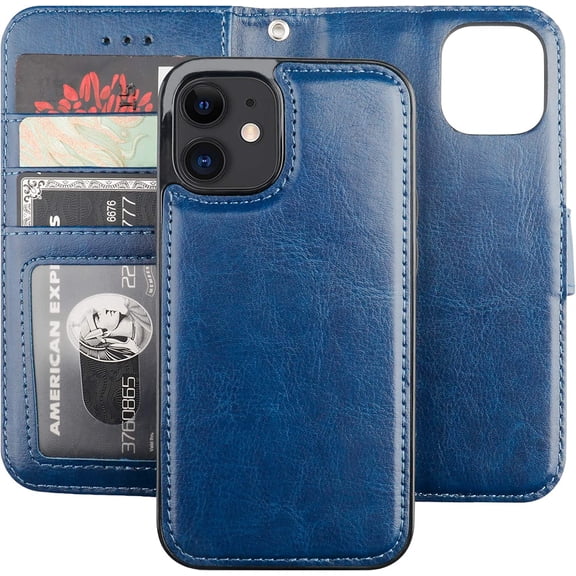 Compatible with iPhone 12 Mini Wallet Case with Card Holder PU Leather Magnetic Detachable Kickstand Shockproof Wrist Strap Removable Flip Cover (Blue)