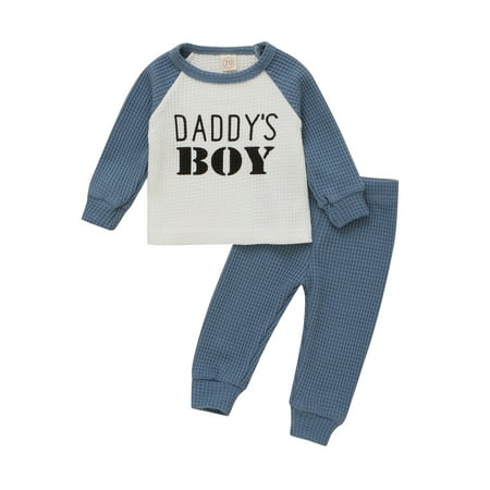 

Canrulo Toddler Infant Baby Boys Outfit Letter Print Long Sleeve T-Shirt Tops + Pants 2Pcs Fall Clothes Blue 12-18 Months