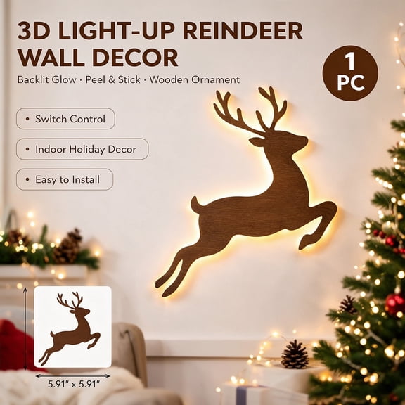 Velmasee 3D Backlit Reindeer Christmas Wall Ornament - Peel & Stick Wooden Lighted Holiday Decor with Switch Control, Indoor Festive Wall Art for Mantel Home Party 5.91"