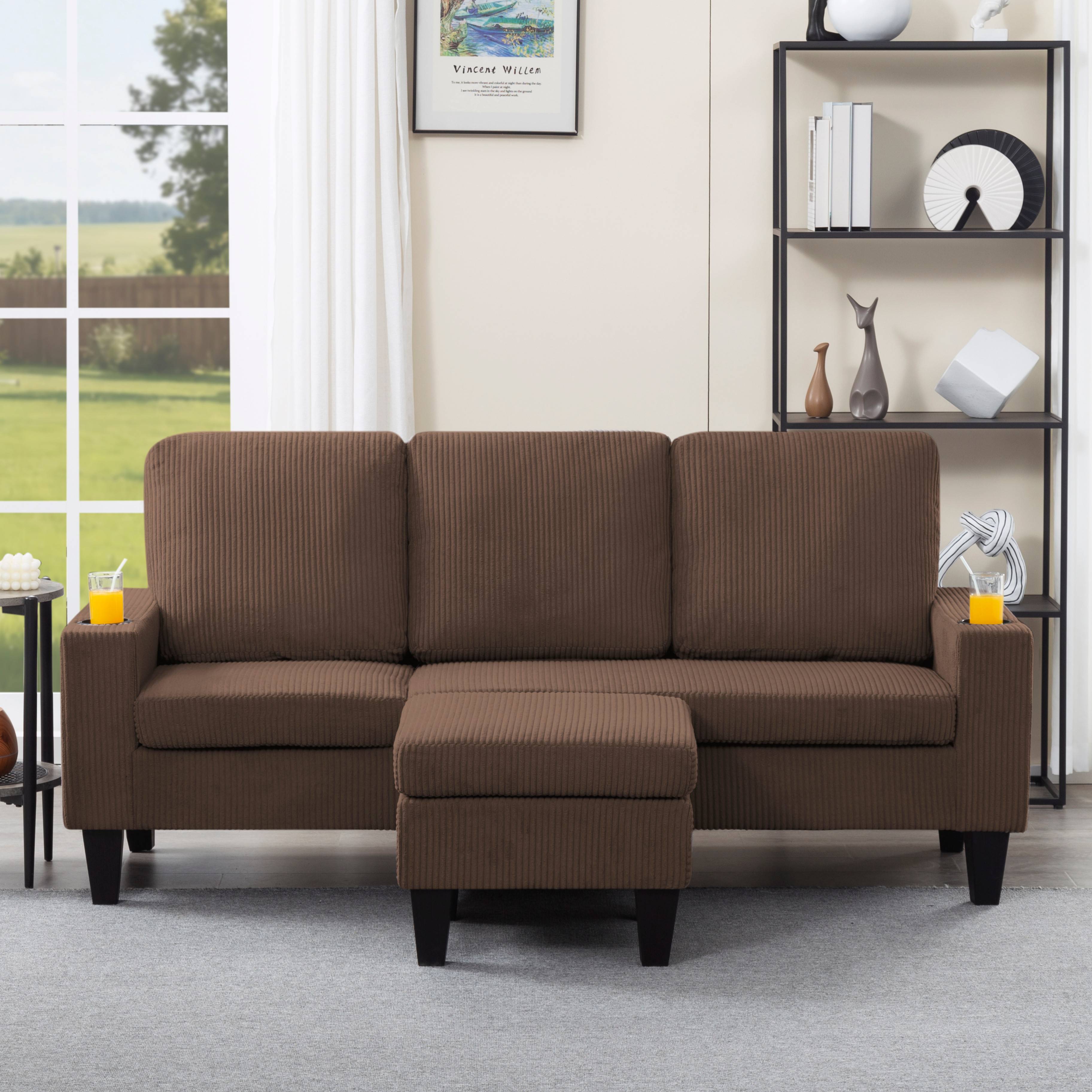 BSHTI 69.88 inch Modern Style Sectional L-Shaped Sofa Couch, 3-seater Sofa Couch with movable ottoman for Livingroom,Camel