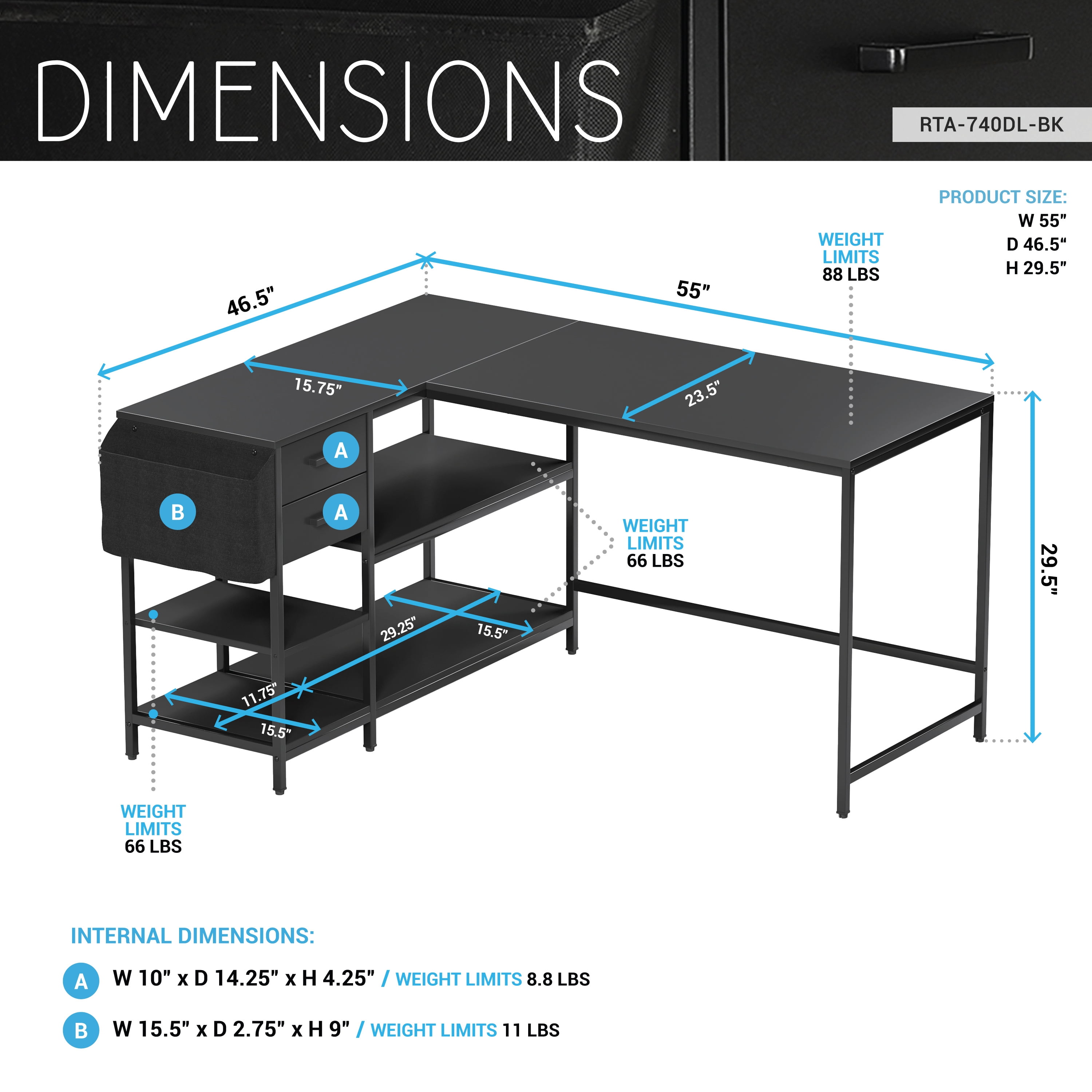 Modern L-Shaped Desk with Storage, Corner Computer Desk for Home & Office with, 2 Drawers, Open Storage Shelves, Fabric Organizer & Sturdy Metal Frame, Black