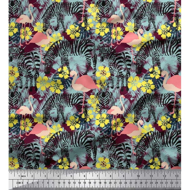 Soimoi Purple polyester Crepe Fabric Monstera Leaves,Flamingo & Wild Animal Decor Fabric Printed BTY 42 Inch Wide