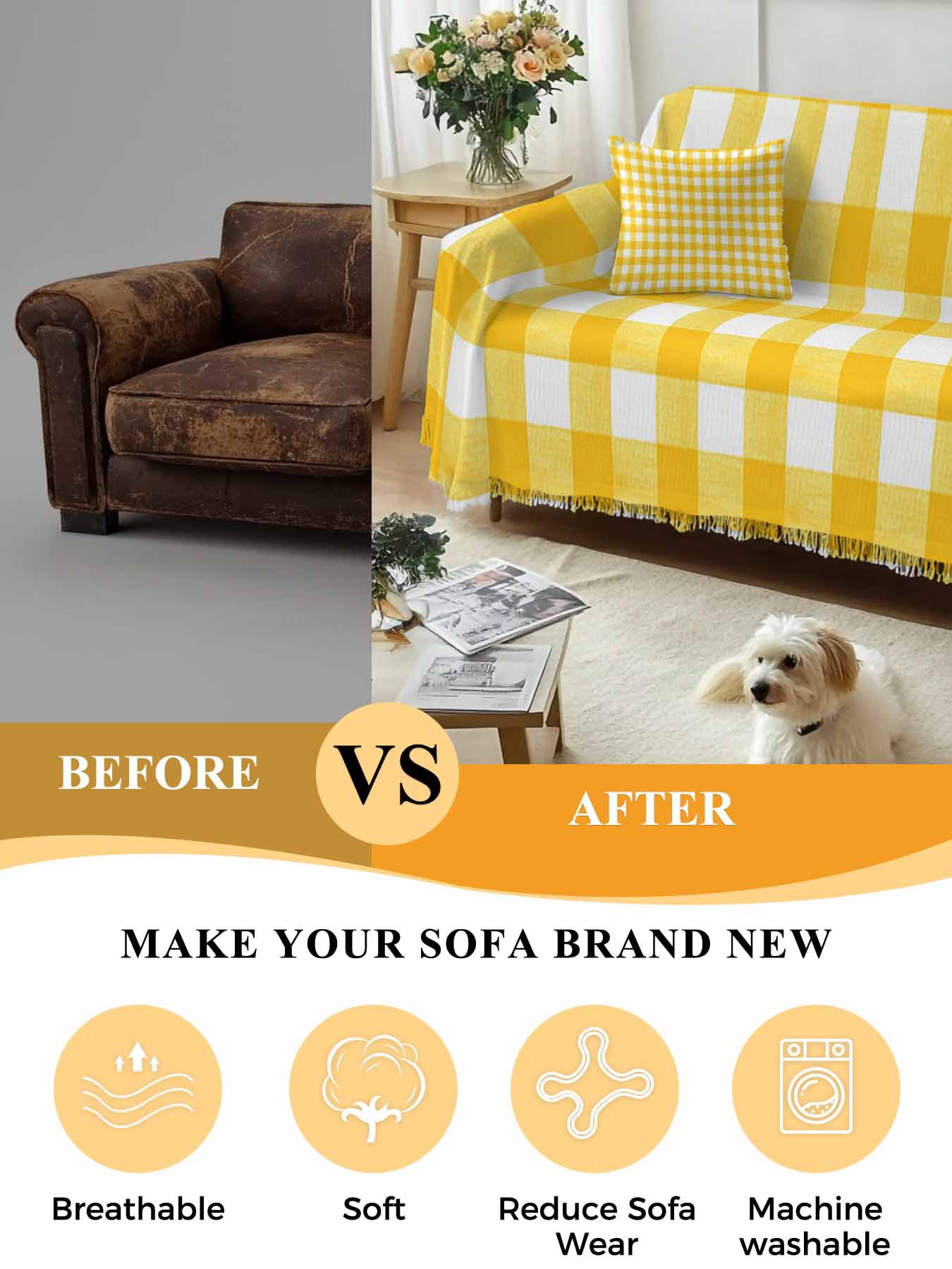 Yellow Couch Cover Sofa Covers 3 Cushion Sectional Couch, Country French Rustic Buffalo Plaid Modern Art Washable Sofa Covers Slipcover Sectional Sofa Cover, Furniture Protector 71"x150"