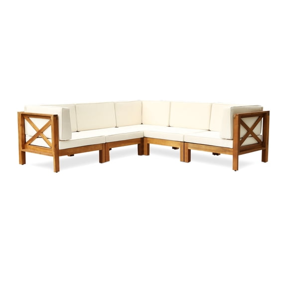GDF Studio Keith Outdoor Acacia Wood 5 Seater Sectional Sofa Set with Cushions, Teak and Beige