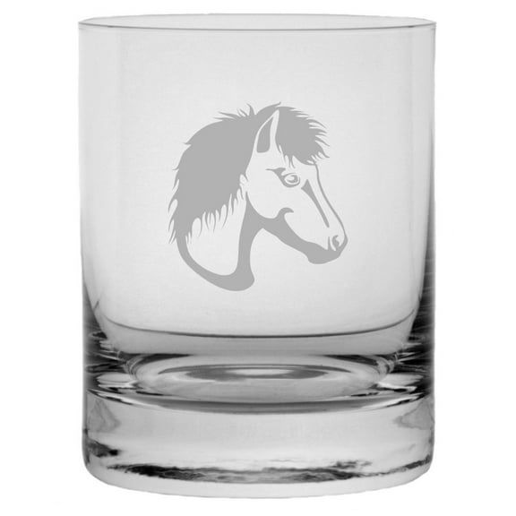 Miniature Face Horse Themed Etched 10.25oz Crystal Rocks Whisky Glass