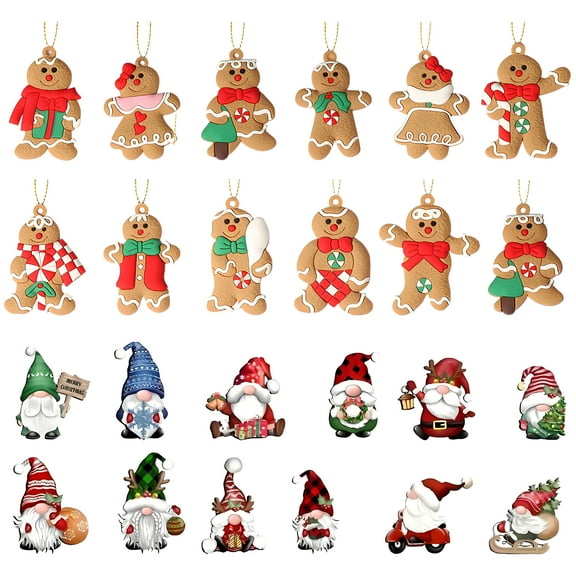 VEGCOO  24-piece Christmas tree decoration set includes 12 gingerbread men and 12 Christmas gnomes, perfect for Christmas, elf parties, or home gifts.