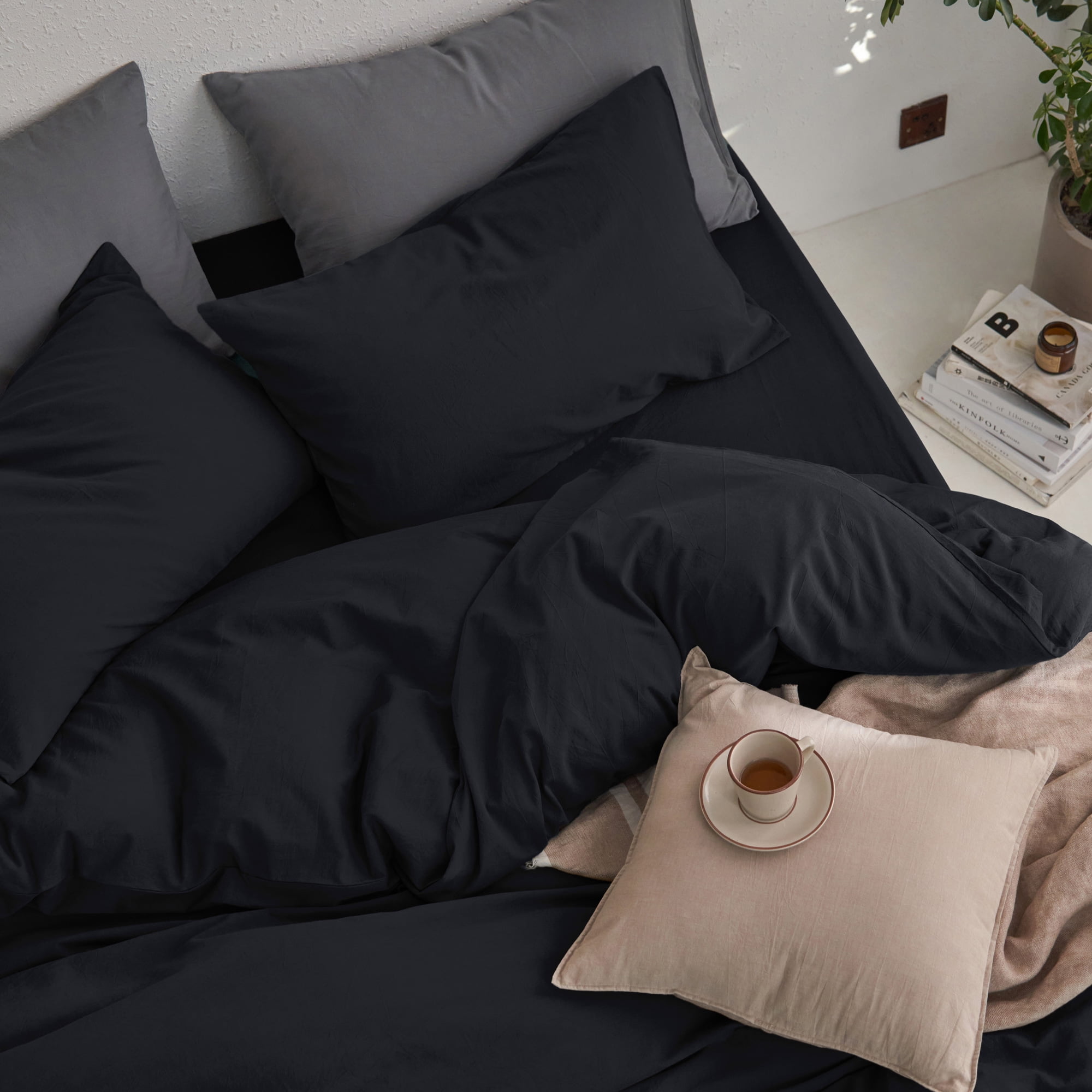 MooMee Duvet Cover Set Queen 100% Washed Cotton Twill Ultra-Soft Breathable Linen Like 3-Piece (Black, 90"x90")