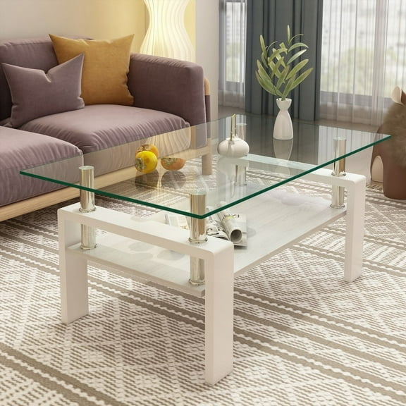 Rectangle Coffee Table - Tempered Glass & MDF, 220lbs Load, Modern Living Room