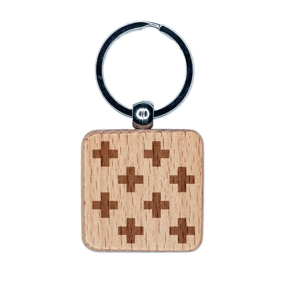 Swiss Cross Repeating Pattern Square Keychain Charm Tag - Engraved Wood
