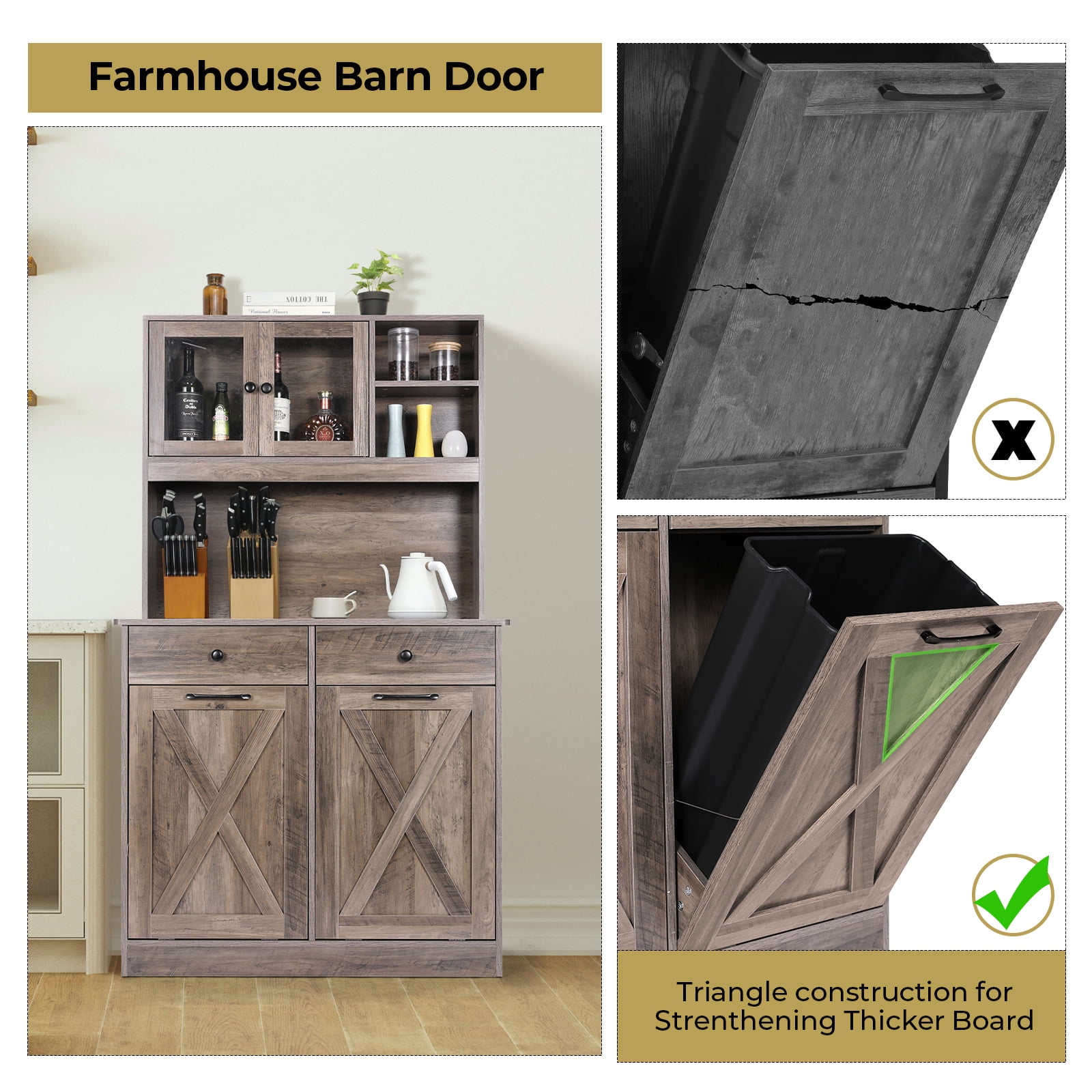 LAZY BUDDY Double Tilt Out Trash Cabinet 2 x 10 gal Solid Wood Hideaway Trash Holder Wooden Free Standing Recycling Cabinets Bin for Kitchen, Gray
