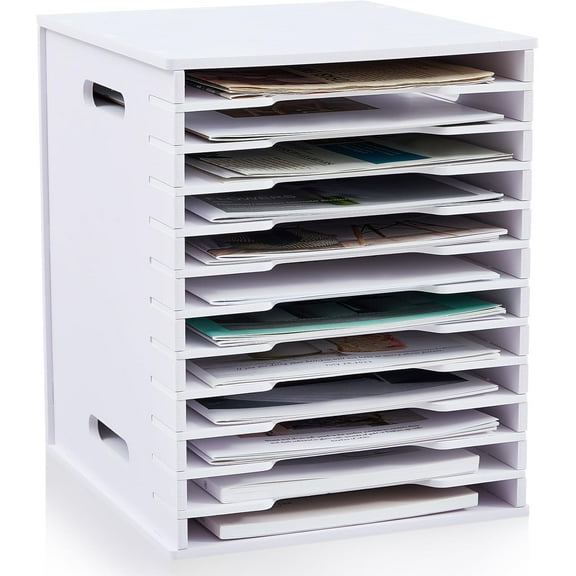 12 Tier Scrapbook Paper Organizer for Sizes 8.5" x 11" White Cardstock File Organizer Stackable Paper Trays Desktop Storage Paper Rack Document Holder for Desk Home Office