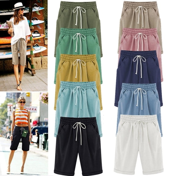 dazeni Plus Size S-5XL Shorts for Women Elastic Waist Knee Length Casual Bermuda Shorts Loose Summer Beach Drawstring Shorts with Pockets Black XXXXXL