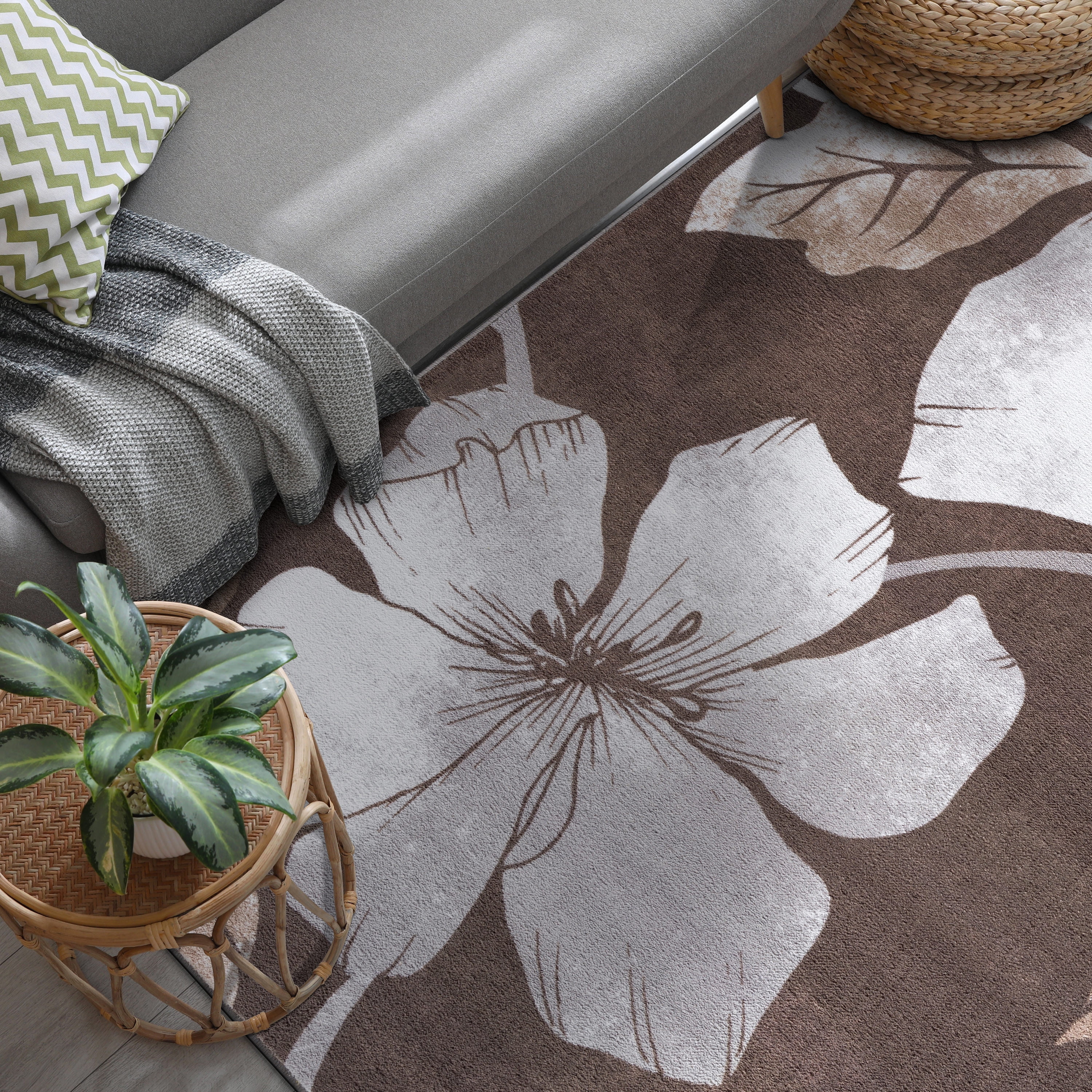 CAMILSON Solana Non Slip Modern Floral Indoor Area Rug Grey/Brown 6x9