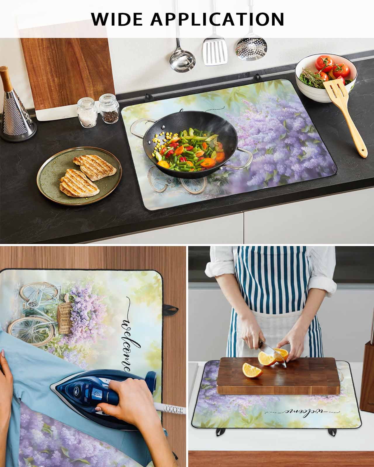 nqOlkjepod Large Induction Cooktop Protector Mat 28.5"x20.5", Purple Lavender Stove Top Covers for Electric Stove, Spring Leaves Bike Farm Country Garden Stove Burner Cover Mats Stove Cover