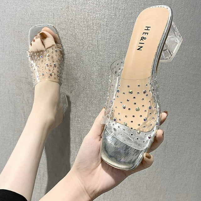 LSLJS Chaussures Pantoufles d'Extérieur pour Femmes, Mode Décontractée, Talons Carrés Transparents en Cristal, Pantoufles pour Femmes