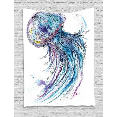 Ocean Themed Home Decor Jellyfish Tapestry, Aqua Colors Art Ocean Animal Print Sketch Style Creative Sea Marine Theme, Wall Hanging for Bedroom Living Room Dorm Decor, Blue Purple White, by Ambesonne ()
