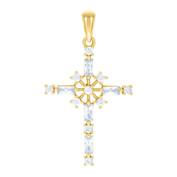 925 Sterling Silver Yellow-tone Unisex Baguette Round Cubic Zirconia Cross Religious Charm Pendant Necklace 35.2x20mm Wi