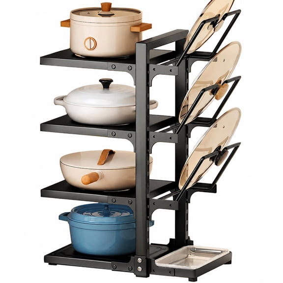 QOPR 4 Tier Pot and Pan Organizer with Lid Holder, Adjustable Height Kitchen Cabinet Storage Rack, Heavy Duty Carbon Steel Cookware Organizer with Drip Tray