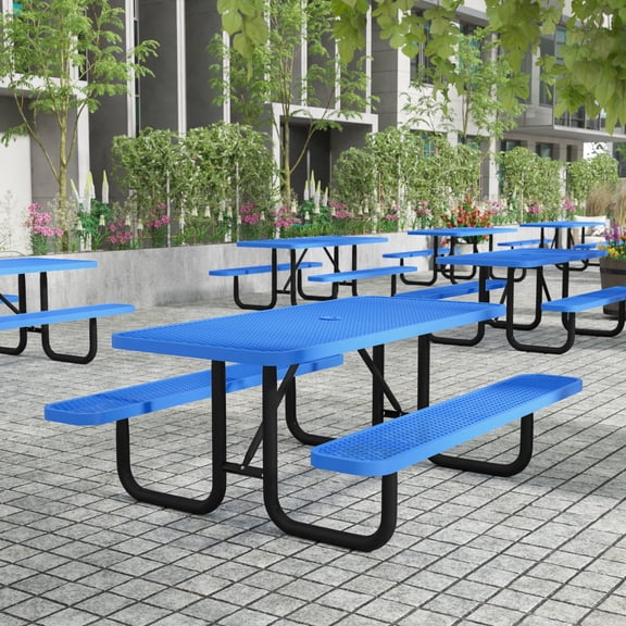Flash Furniture Mantilla 6' Rectangular Outdoor Picnic Table with Commercial Heavy Gauge Expanded Metal Mesh Top and Seats and Steel Frame with Ground Anchors in Blue