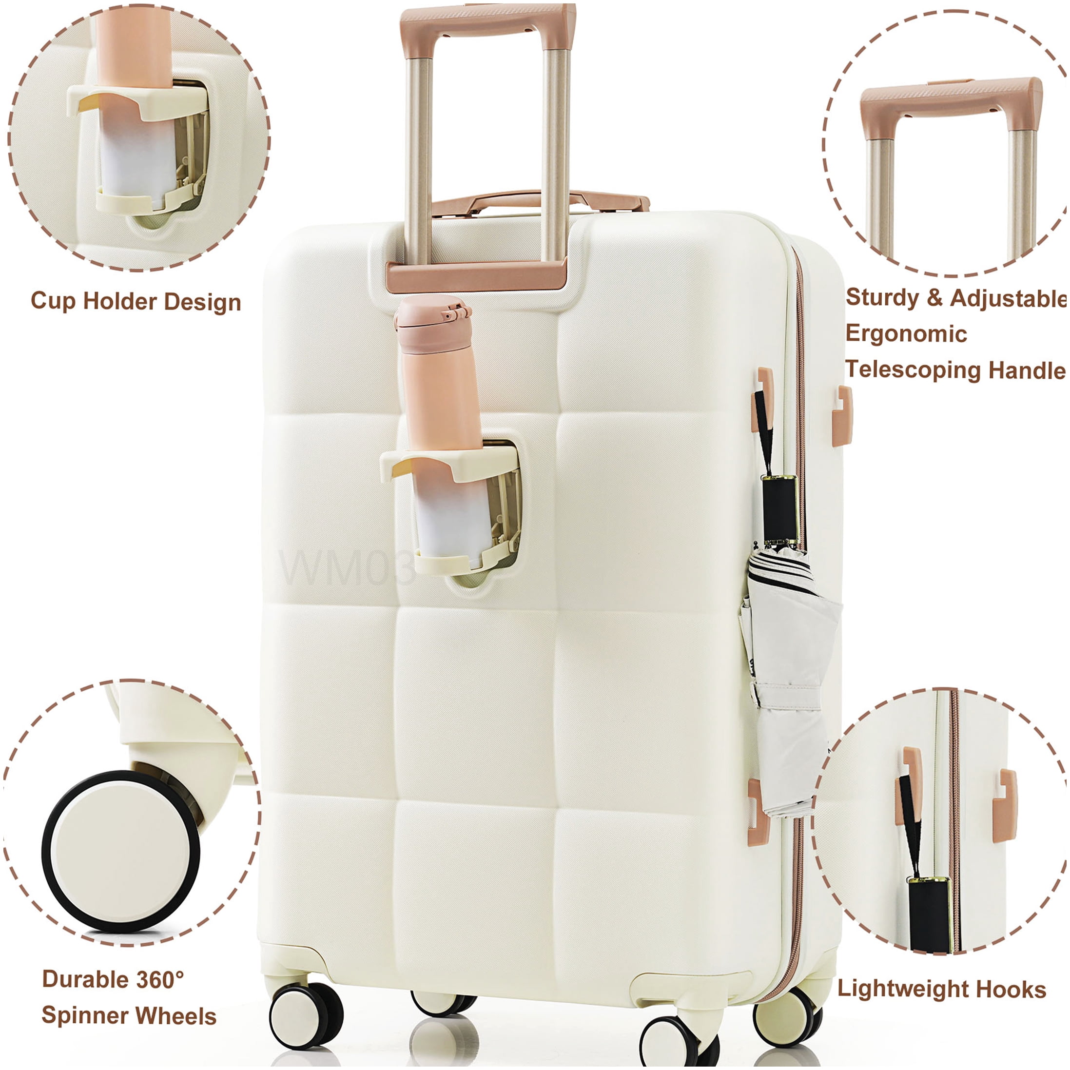 3-Piece Spinner Luggage Set with Cup Holder, ABS Hard Shell Airline Approved Suitcase in White and Gold