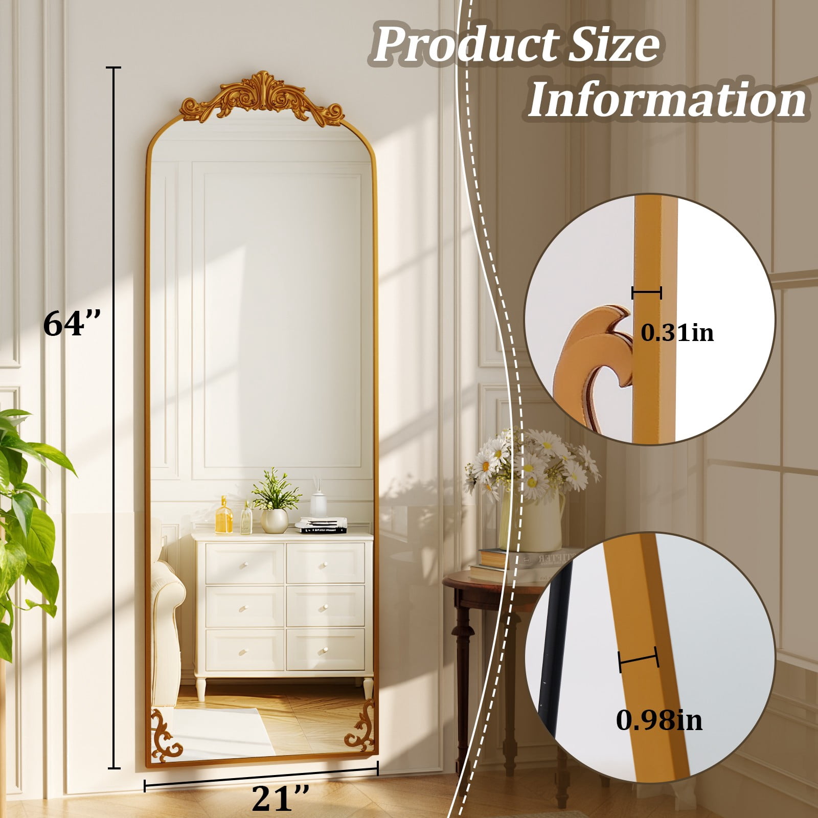 Mirstory 64"x 21" Full Length Mirror Vintage Arched Full Body Mirror with Carved Metal Frame, Gold