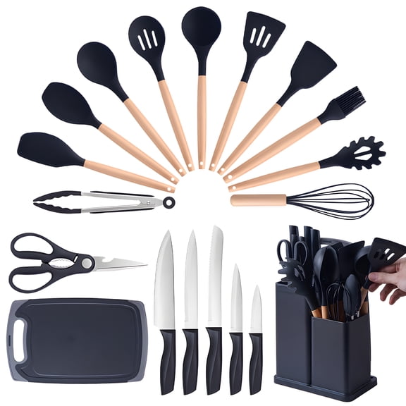 Cacagoo 19 Piece Kitchen Knife Set, Ergonomic Handles, Dishwasher Safe Black Knife