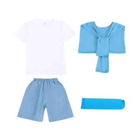 OIOLOYJM 4 Piece Outfit Sets for Girls Boys Casual Basic Graduation Season Performance Wear Short Sleeve T-Shirt Loose Shorts Knotted Shawl & Headband School Stage Outfit Blue 3-4 Year