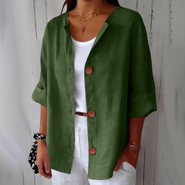 TaTaai Women's Summer Cardigan Top V-Neck Long Sleeve Linen Cotton Blend Button Front Loose Fit Casual Blouse Gift