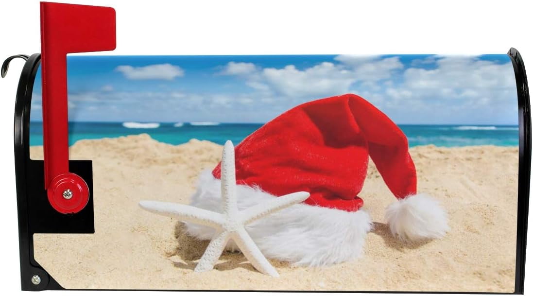 Christmas Santa Hat on The Beach with Starfish Magnetic Mailbox Cover New Year Oversized for Garden Yard Outdoor Decorations-25.5" x20.8