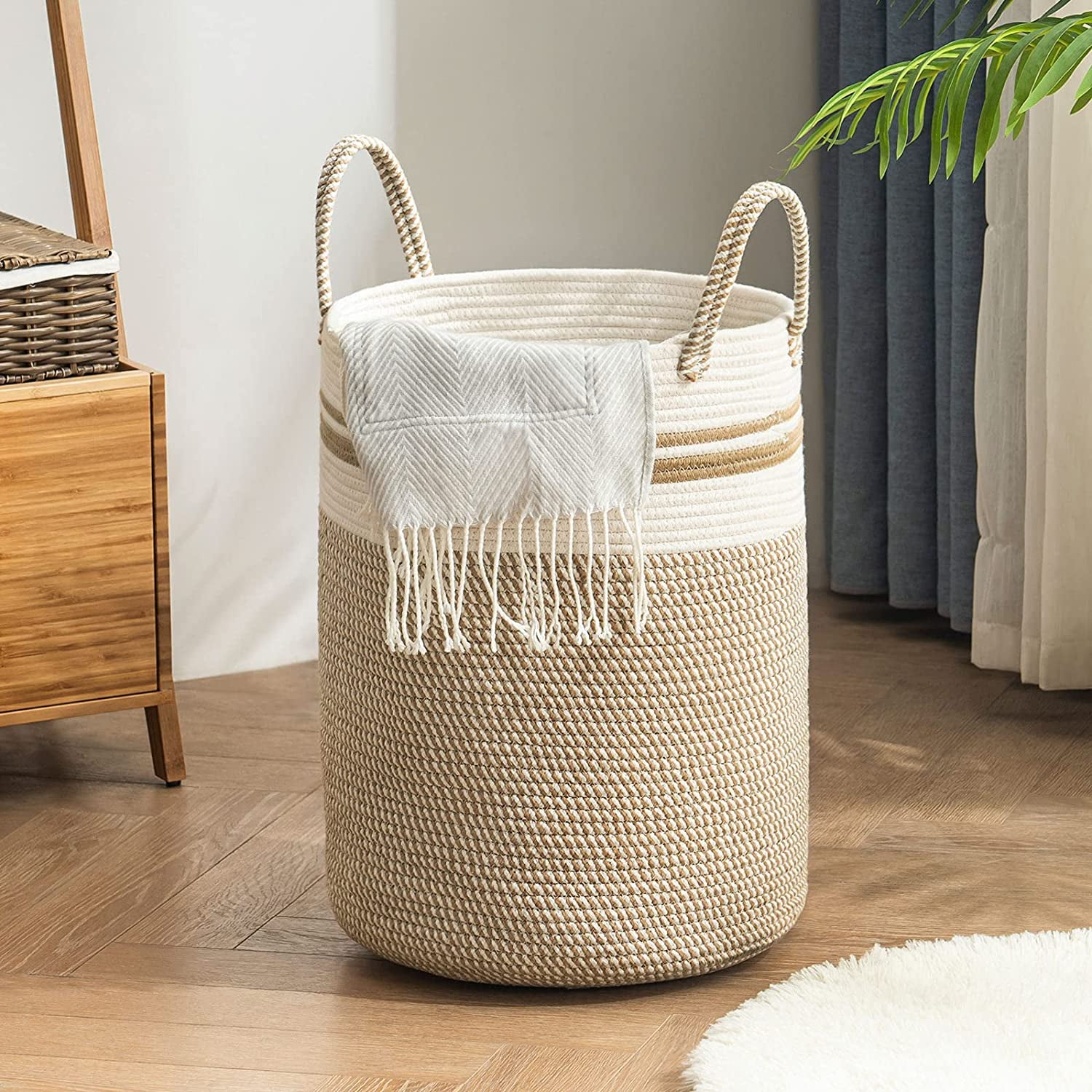 YOUDENOVA Woven Rope Laundry Hamper with Handles, Tall Laundry Basket