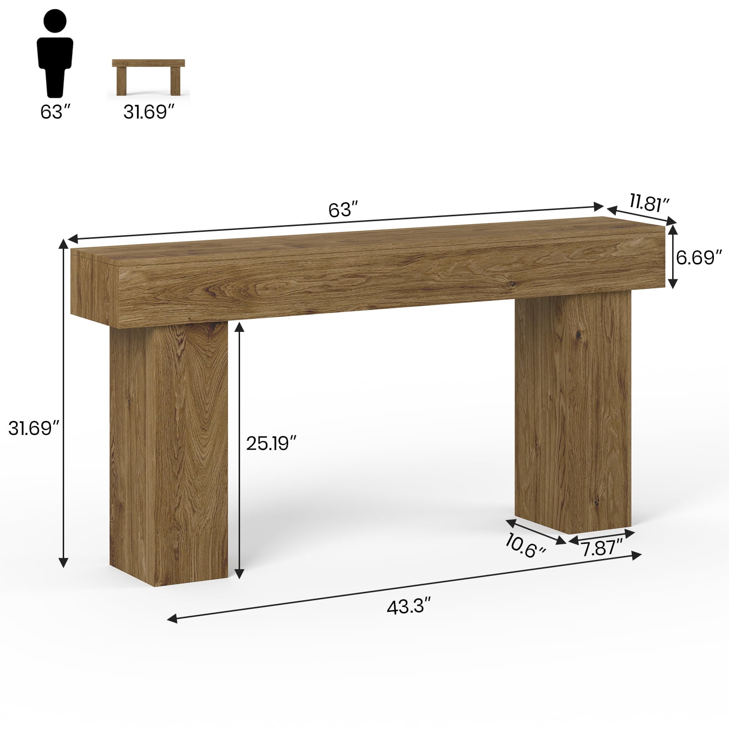 Doubleslee 63 Inch Long Console Table, Farmhouse Wood Entryway Table Behind Couch, Industrial Hallway Accent Table for Living Room（Natural)