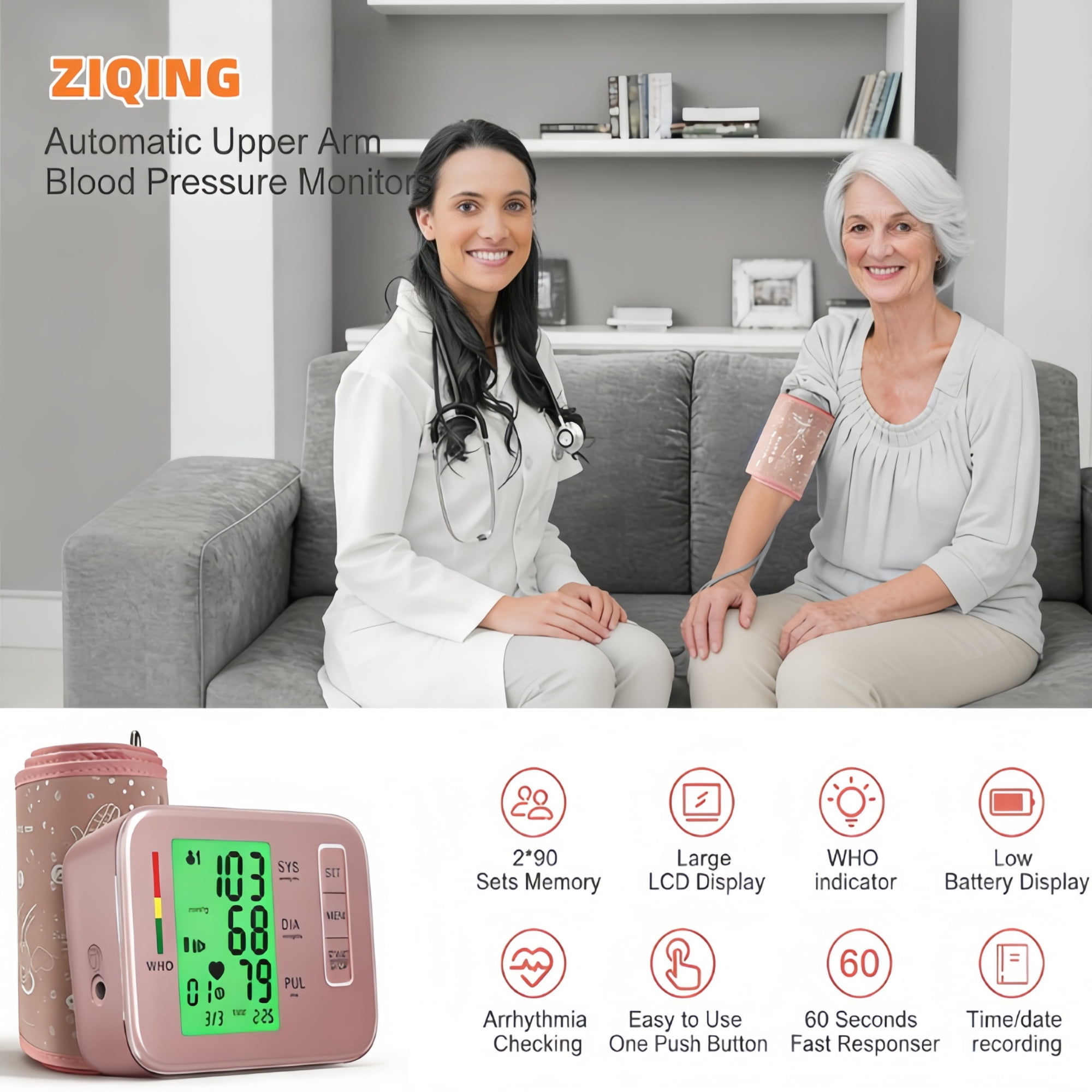 Automatic Blood Pressure Monitor, Upper Arm BP Machine with One-Touch Operation & Adjustable Cuff (8.7-16.5 Inches), High-Definition LCD Screen Digital BP Monitor for Home Use, Pink