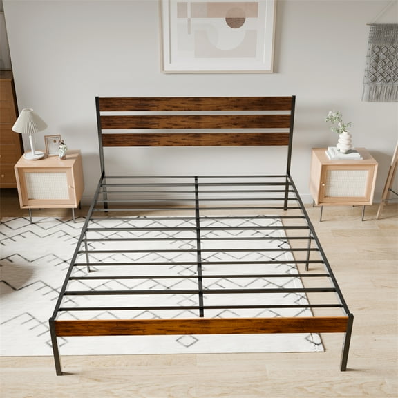 Knubmt Modern Platform Bed Frame with Wood Headboard & Footboard, Metal Wood Bed Frame for Living Room, Bedroom, Brown