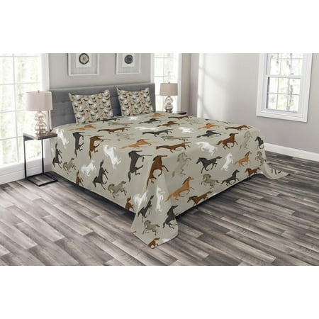 Equestrian Bedding - Horses Bedspread Set, Abstract Stallions Simple Design Equestrian Animals Galloping Curvet Illustration, Decorative Quilted Coverlet Set with Pillow Shams Included, Multicolor, by Ambesonne