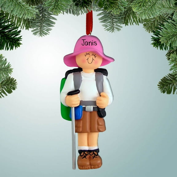 Personalized Female Hiker with Brown Shorts Christmas Ornament - People that love to hike - Mountain Trails - Camping - Great Gift Ideas