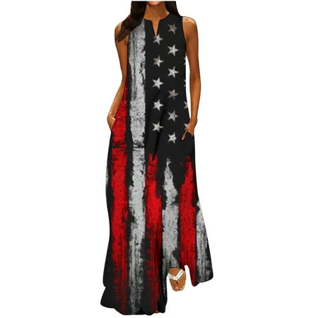 

Leesechin Deals Womens Skirts Maxi Dresses Off Shoulder Loose V-Neck Independence Day Printing Dresses Summer Sleeveless Pullover Dress on Clearance