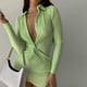 thumbnail image 4 of Women Shirt Dresses Long Sleeve Pleated Mini Dress Deep V Neck Shirt Dress Twist Bodycon Dress Button Down Pleated Dress Yellow, 4 of 5