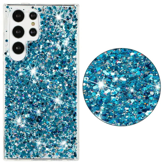 Bling Glitter Case for Samsung Galaxy S24 Ultra for Women Girls, Pretty Star Flash Twinkle Stardust Relief Pattern, Sparkling Powder Decoration, Heavy Duty Shockproof Protection Cover,Blue
