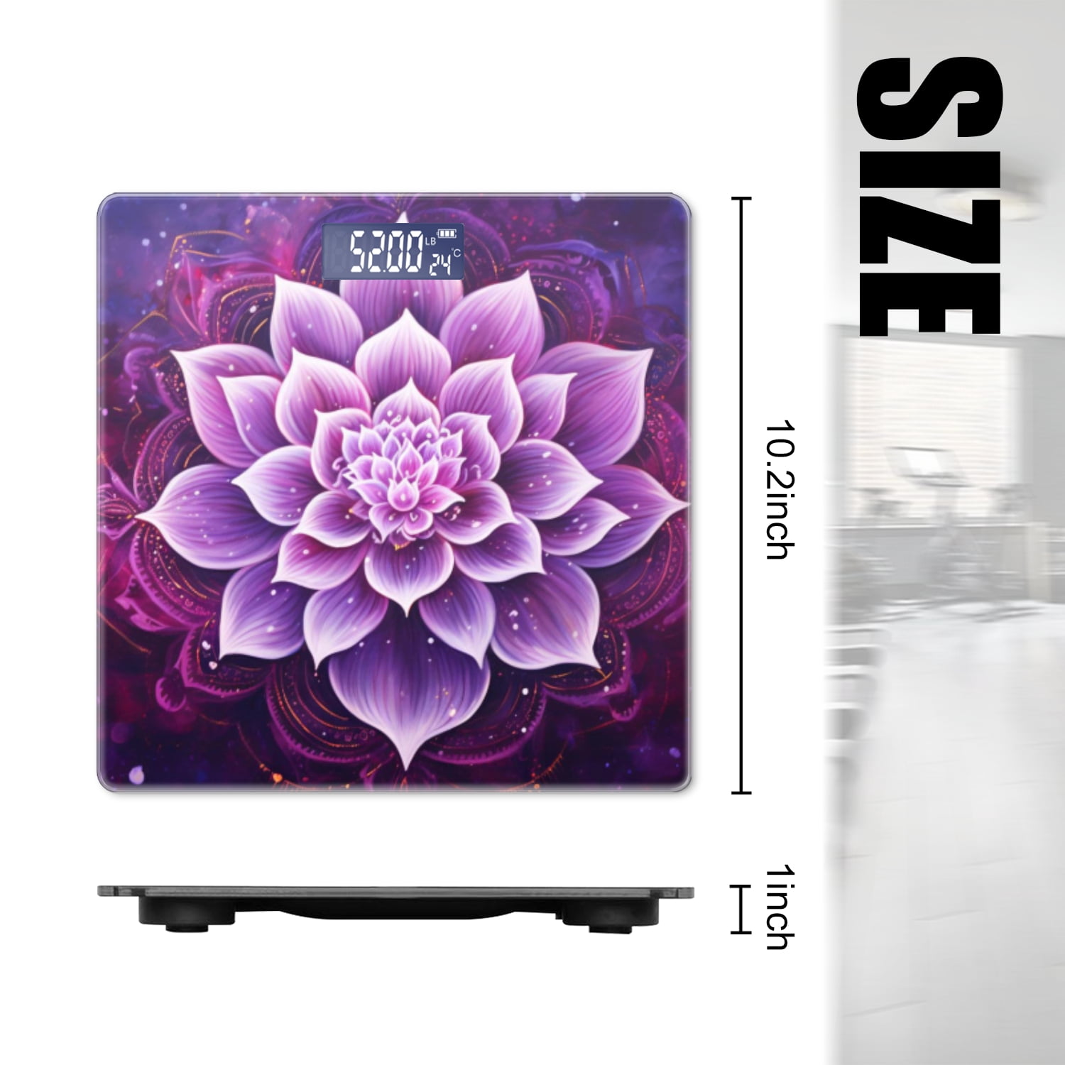 High Precision Body Weight Scale Smart Bathroom Scales with Large LCD Display(400lbs),Decorative for Bedroom-Purple Lotus Flower Surrounded By Intricate Mandala Pattern