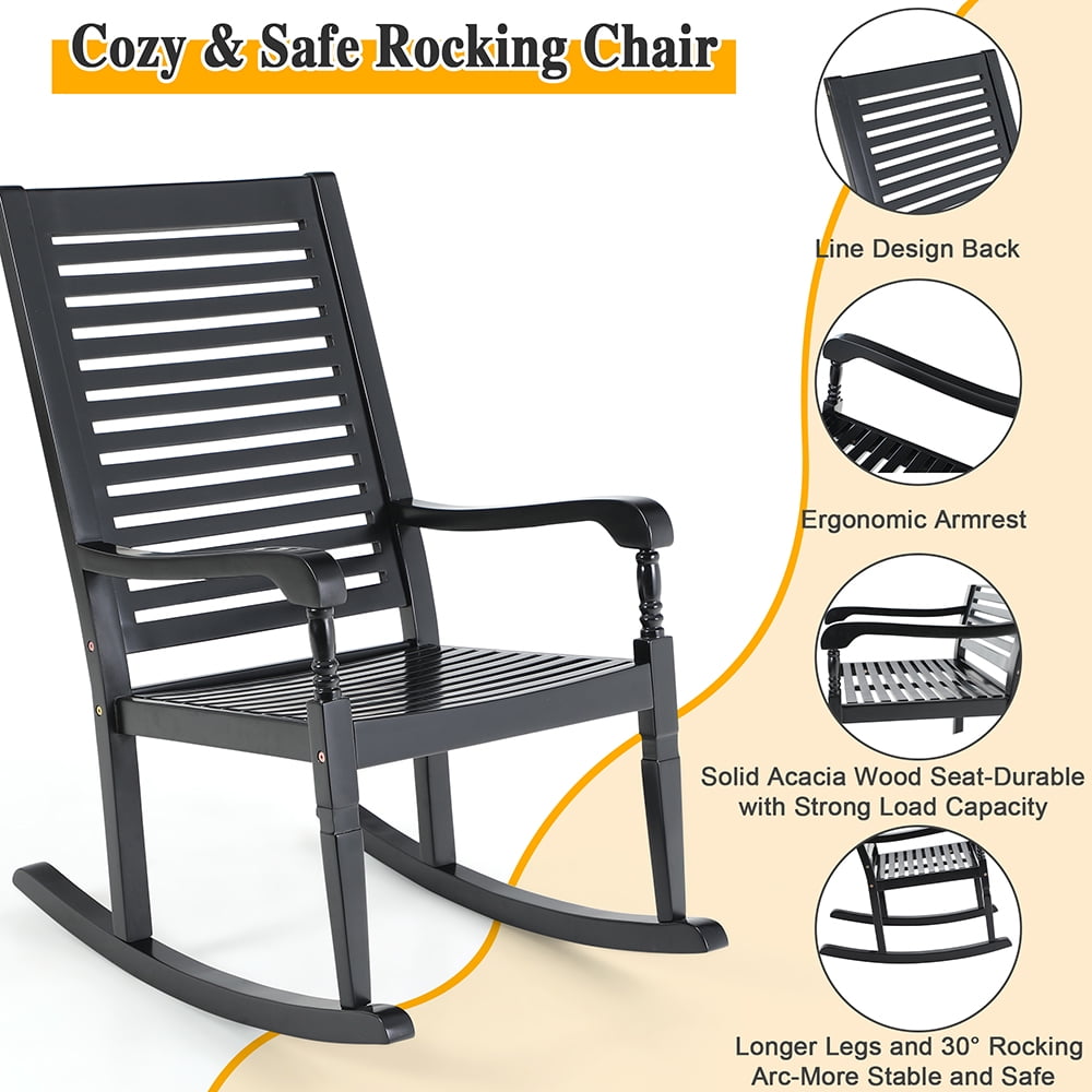 MF Studio Acacia Wood Outdoor Patio Rocking Chair Set of 2, Front Porch Chairs for Patio, Garden, Deck, Yard, Poolside, Wood Rocker for Outdoor and Indoor, Black