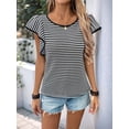 thumbnail image 6 of Womens Short Sleeve Sweater Round Neck Striped Pullover Cap Sleeve Knit Sweater Tops Black S, 6 of 9