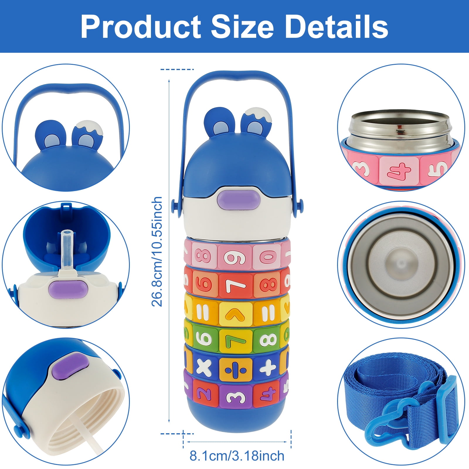Fznkrag Kids Insulated Water Bottle Stainless Steel Kid Cup with Silicone Straw Sealing 430ml Kid Tumbler with Handle Adjustable Shoulder Strap