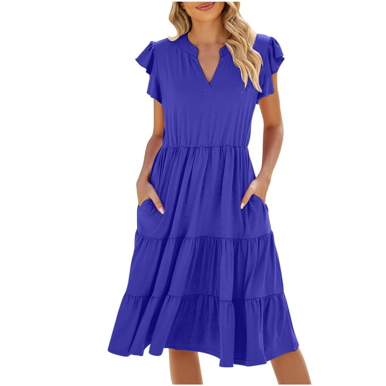 Lenago Summer Dresses for Women V Neck Short Sleeve Solid Color Tiered Ruffle Casual Everyday Beach Holiday A Line Midi Dress, Women's, Size: Small