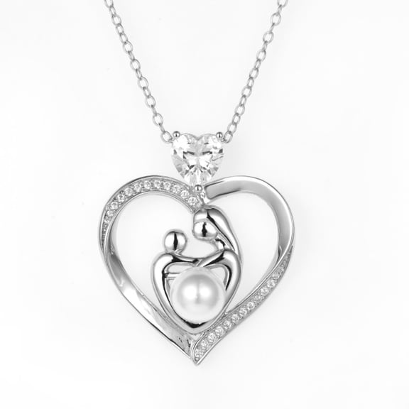 KIJ Pearl Heart Pendant Necklace 14k White Gold Plated 925 Sterling Silver White Cubic Zirconia Mother's Day Gifts for Women