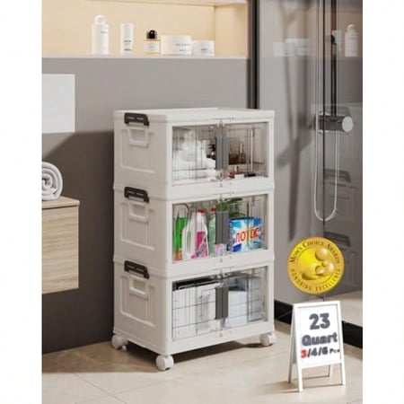 23QT Stackable Storage Bins with Lids - Folding Storage Box with Doors and Wheels Collapsible Plastic Storage Bins for Closets and Organization Christmas Gifts 3 Pack Cubes