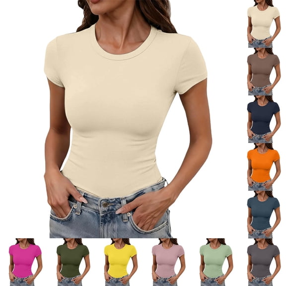 Plain Shirts for Women Women Summer Tight Fitting Crew Neck Short Sleeve Stretchy Tee Army Green L
