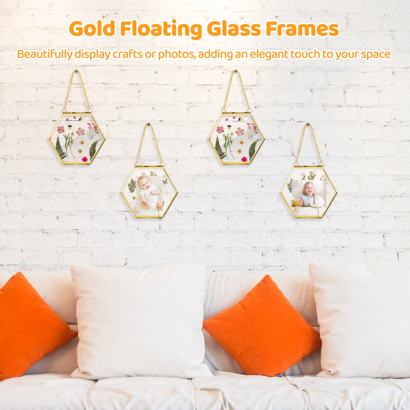8 Pcs Hexagonal Glass Floating Frames – Gold Metal Pressed Flower Frames with Chains, Hanging Double-Sided Display for Dried Flowers, Photos & DIY Crafts