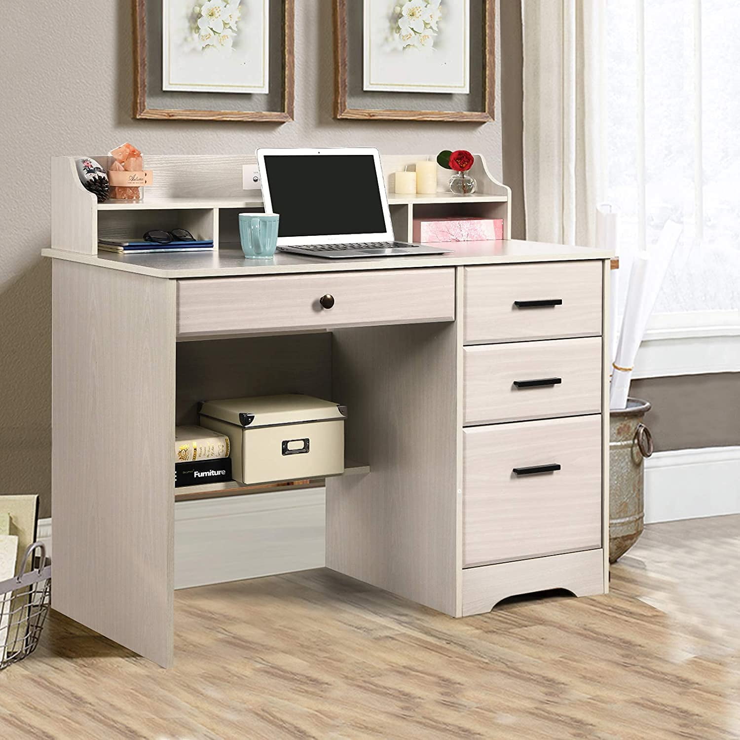 Catrimown Computer Desk with Drawers, Wood Home Office Desk with Monitor Stand, PC Desk with Monitor Stand, White Oak